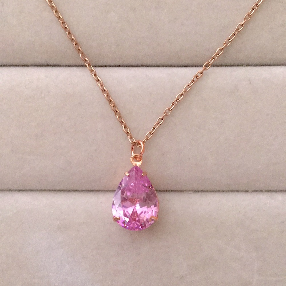 Rose Pink + Rose Gold Cubic Zirconia Pear Crystal Drop Pendant Necklace - Picture 5 of 10